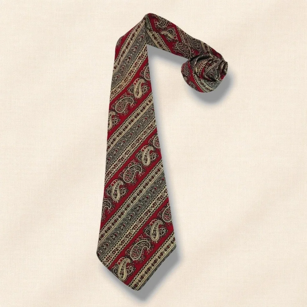 Wembley Vintage All Wool Necktie Paisley Stripe Red Gray Tan Wide Heritage OS